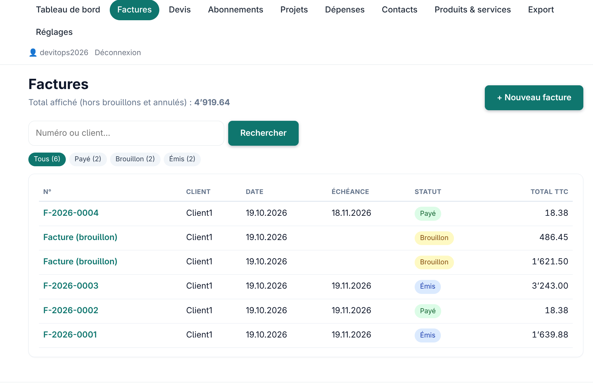Capture d’écran : Gestion — clients, devis et factures