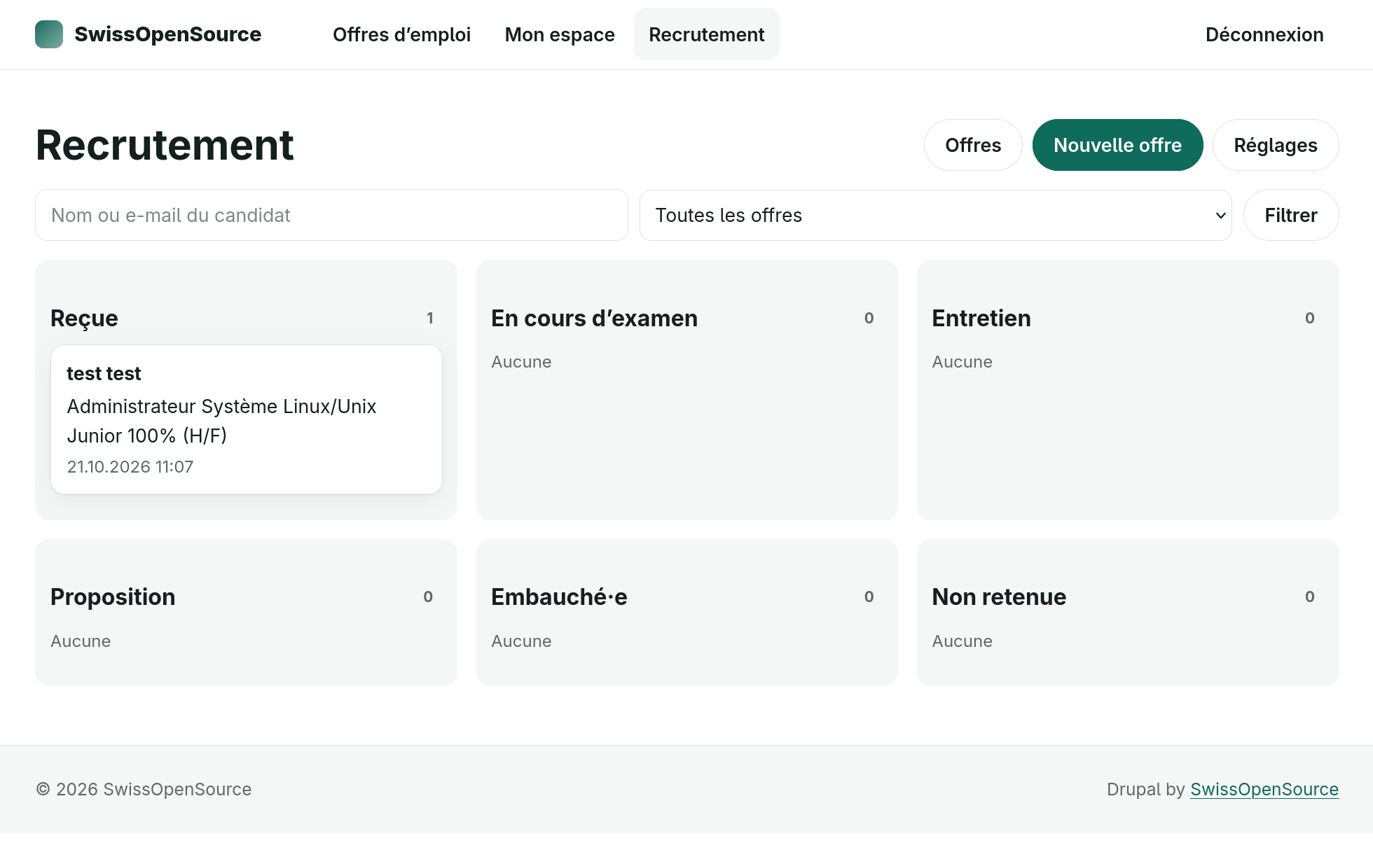 Capture d’écran : Recrutement : offres, candidatures et suivi